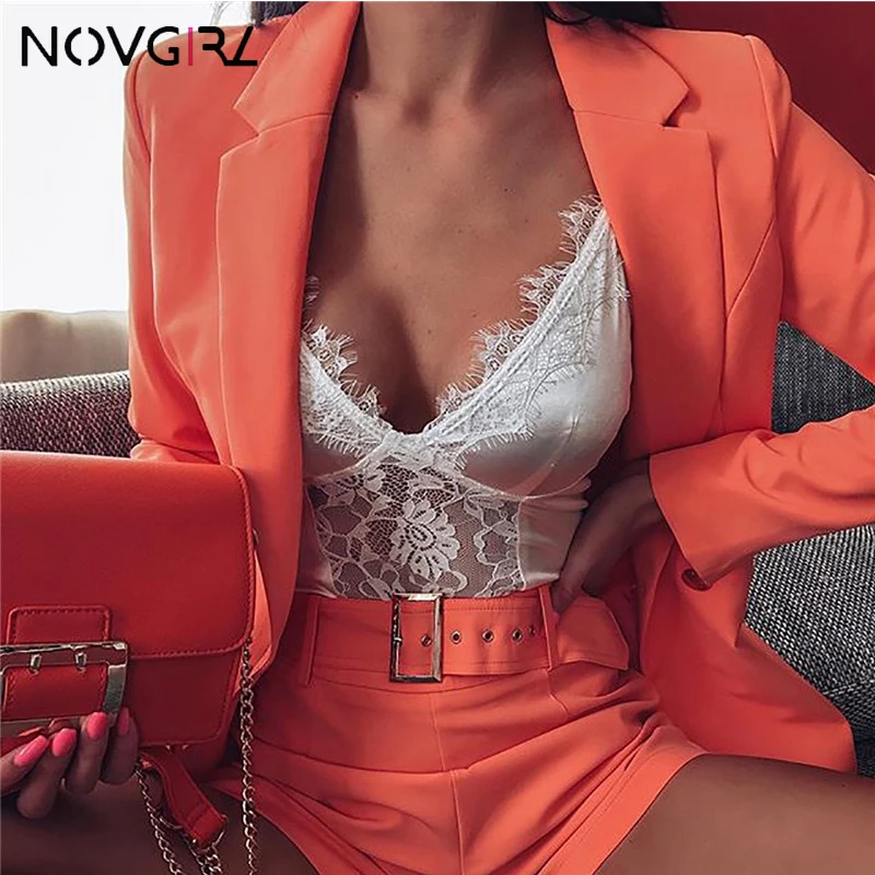 

Novgirl Solid Notched Blazer With Belt Two Piece Set Tracksuit For Women Elegant Office Lady Outfit 2 Piece Shorts 2019 New