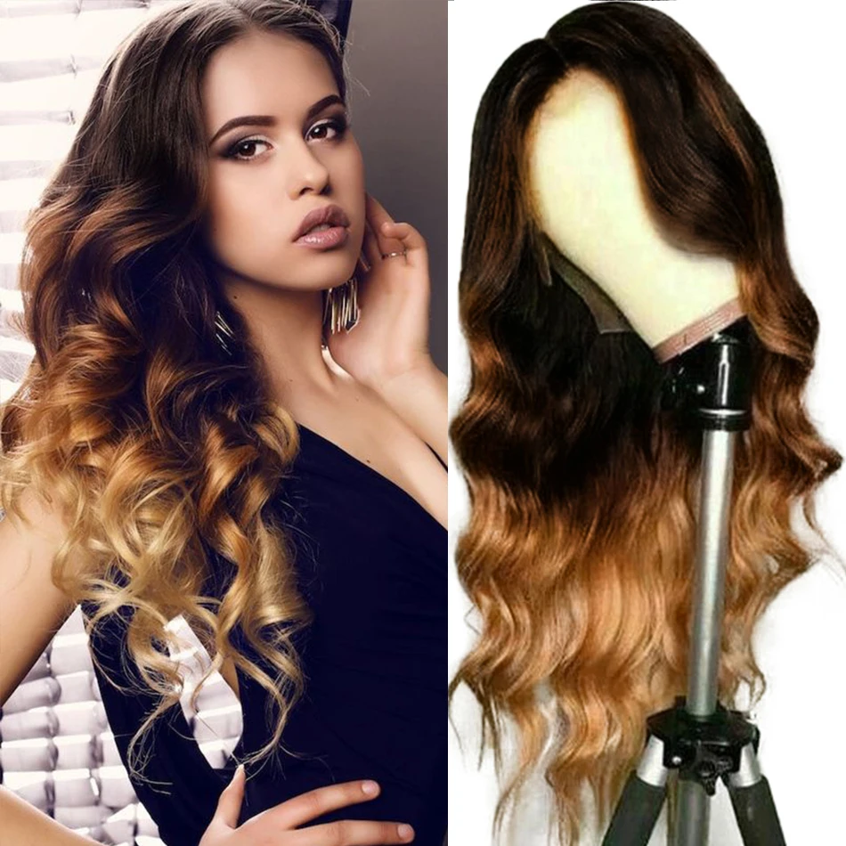 Lace Closure Highlight Human-Hair-Wigs Pre-Pucked Body-Wave Brown Ombre Peruvian 4x4