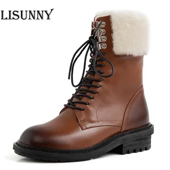 

Boots Women 2020 Real Fur Sexy Rivet Military Lace Up Winter Warm Shoes Plush Goth Punk Style Motorcyle Boots Women Plus Size