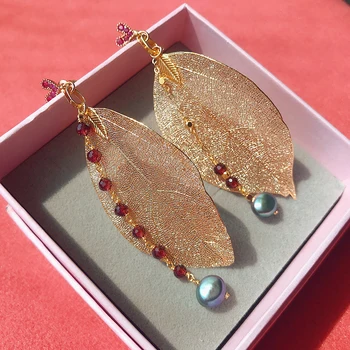 

CH-659 Natural Pearl Drop Earrings for Women Lucky Leaf Earrings 925Silver Needle Dangle Fashion style Gift