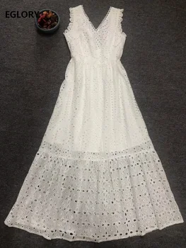 

Hollow Out Backless Long Dress 2020 Summer Party Evening Women V-Neck Exquisite Embroidery Sleeveless Black White Maxi Dresses