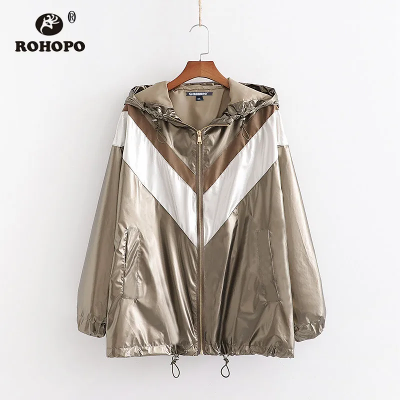 ROHOPO Лоскутная куртка с капюшоном металлического цвета Мягкая металлическая молния кардиган Свободная верхняя одежда#2565 - Цвет: CN SIZE