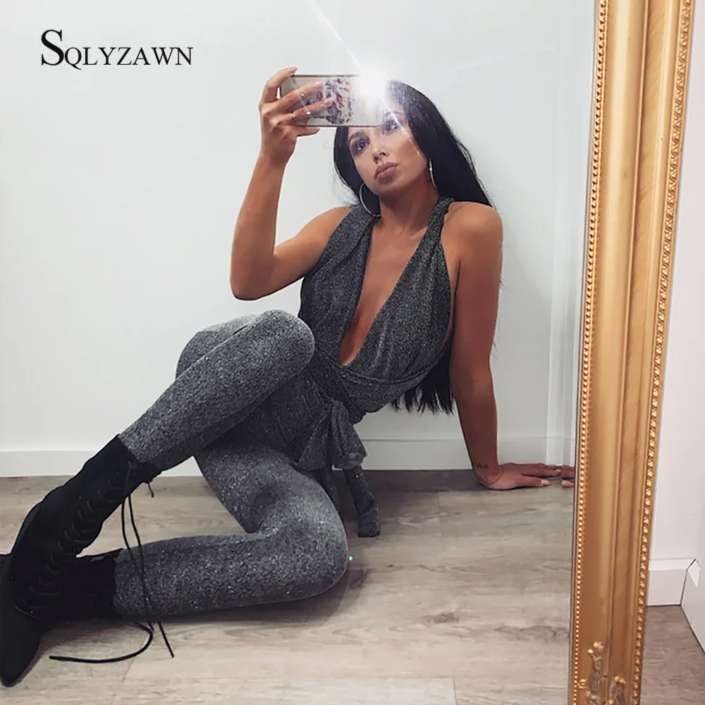 Sexy Sparkle Jumpsuit Women Off Shoulder Lace Up Bodycon Bandage Long Pants Glitter Backless Party Club Rompers Womens Jumpsuits 4