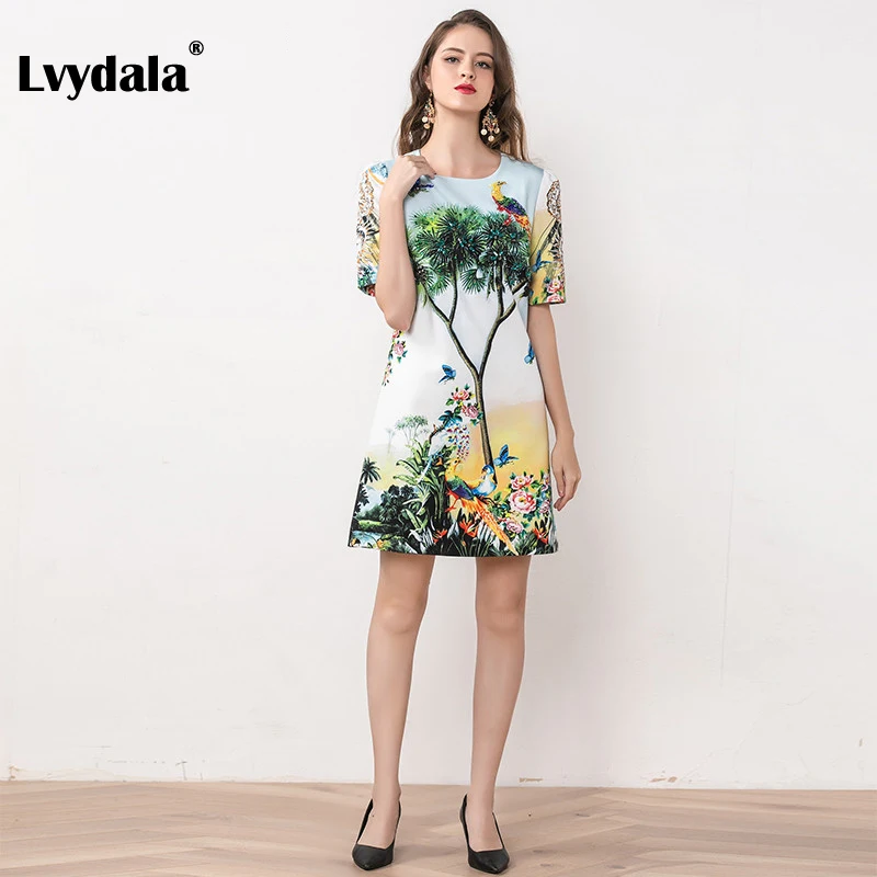 Lvydala, модное дизайнерское платье, весеннее женское платье, короткий рукав, цветочный принт, бисер, бриллианты, великолепные платья