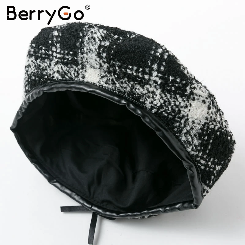 BerryGo/Повседневные Осенние теплые шляпы со шнуровкой в клетку, Женская Шапка-бини в стиле ретро, Женский твидовый берет, шапка, модные женские Зимние береты с козырьком