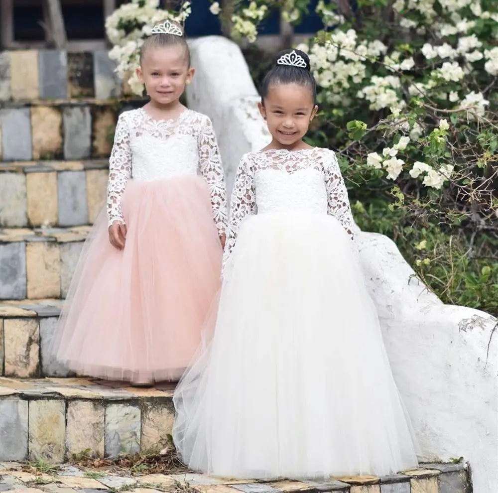 

Flower Girl Dress Long Sleeve White Lace Bow Puffy Tulle Girls Pageant Gown Communion Dress Custom Made