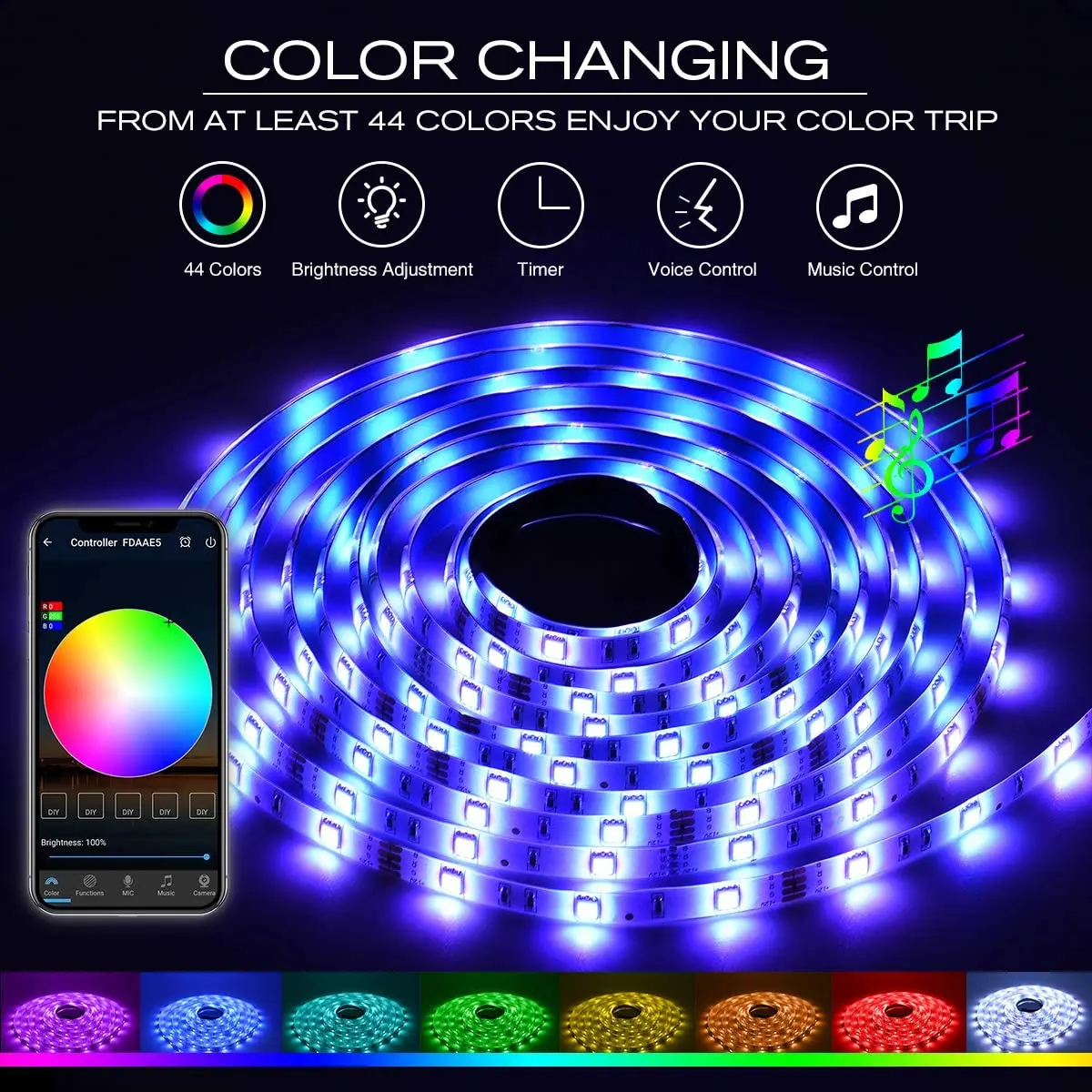 

WIFI smart 32.8 Feet RGB Led Strip Lights, RGB Led Light Strip, App Control, Music Mode for Room, Kitchen, Ceiling, Party Cabin