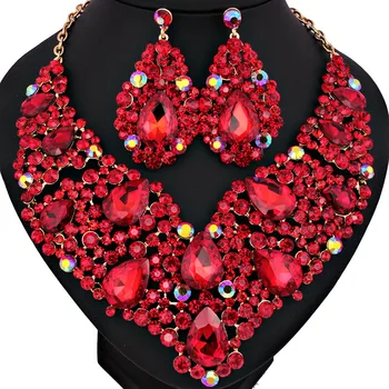 

FARLENALUXURY BIG FLOWER CRYSTAL NECKLACE AND LONG EARRINGS FOR WOMEN WEDDING PROM DRESS ACCESSORY AFRICAN JEWELRY SETS