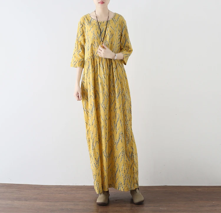 Spring Autumn Vintage Cotton Linen High Waist Floral Printing Dress Loose Casual Big Size Three Quarter Ladies Robe Dresses