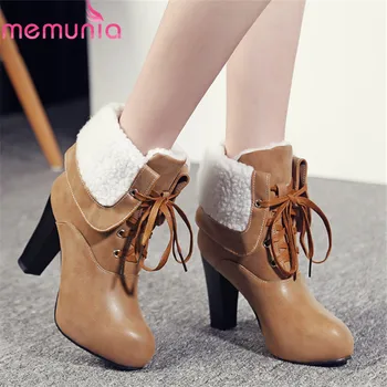 

MEMUNIA 2020 Newest winter snow boots women thick fur lace up round toe high heels platform shoes warm ankle boots for women