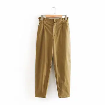 

Women Khaki Cotton Paperbag Pants Fashion Streetwear Pockets Pleated Waist Trousers 2020 Ladies Casual Long Pants Sale Items