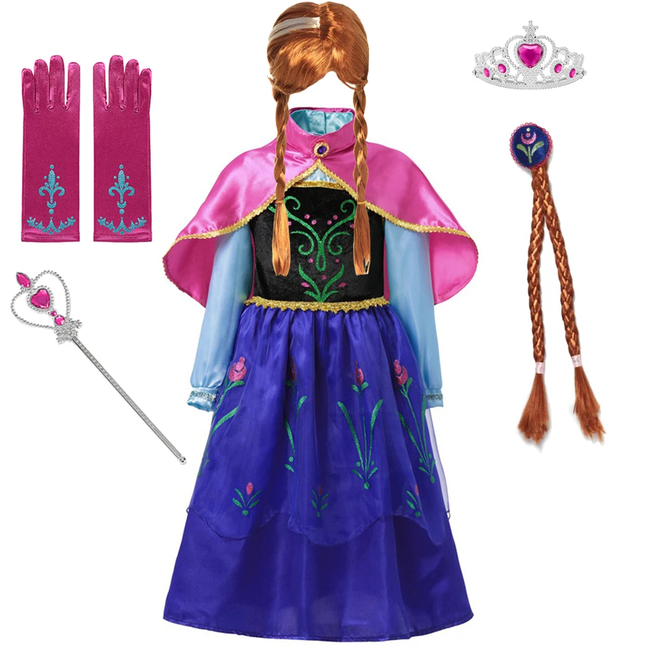 Girls Anna Dress Kids Cosplay Costume With Cloak Children Princess Clothes Carnival Birthday Party |
