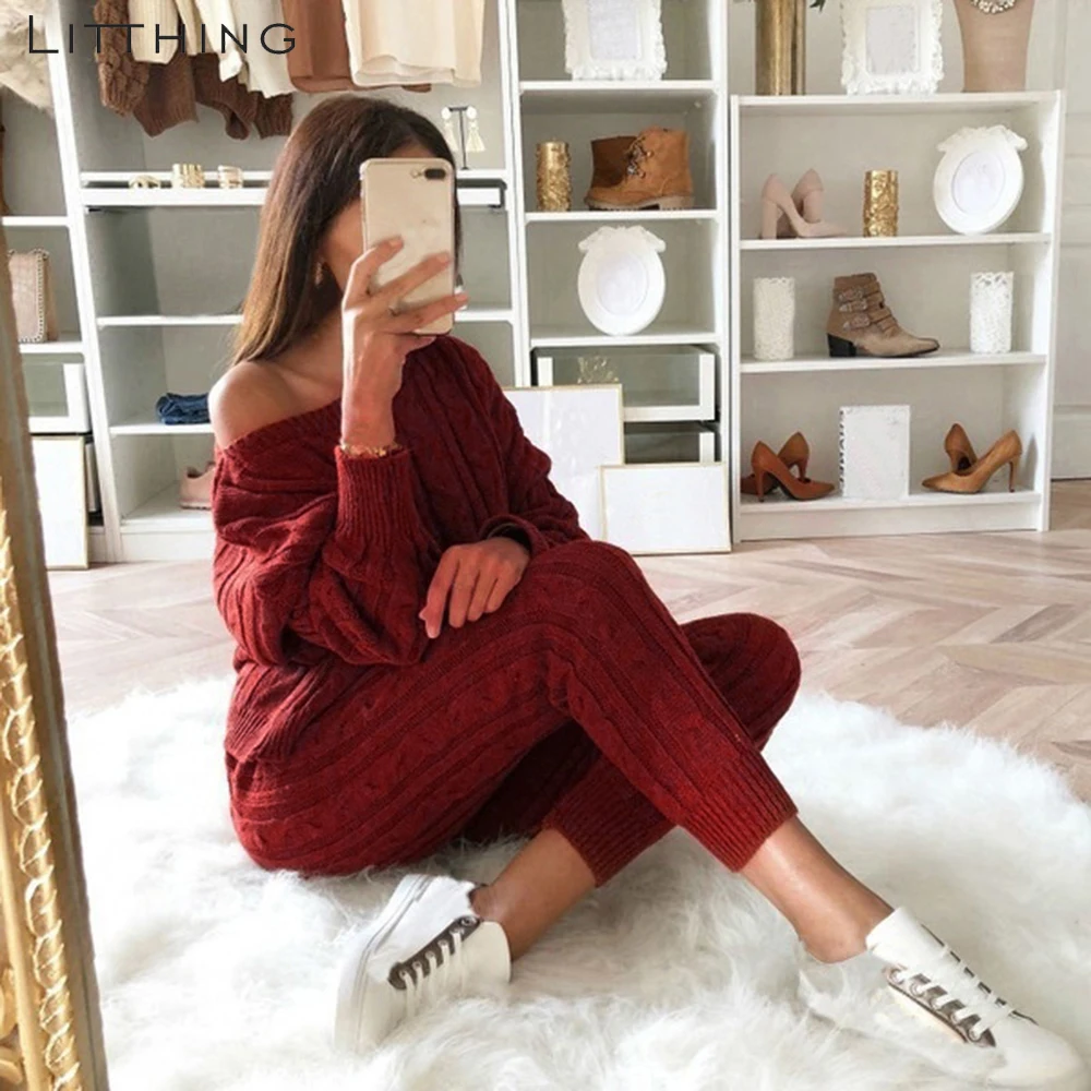 

LITTHING Knitted Suit Womans Solid Slash Neck Sweater + Long Knitted Pants Sets Winter Warm Suits Two 2 Piece Set Outfits Women