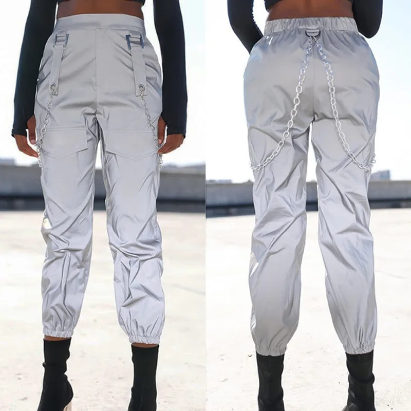 AuyiufarReflective Cargo Pants Women Suspender Trousers with Pockets Fashion Loose Streetwear Female's Trousers with Train