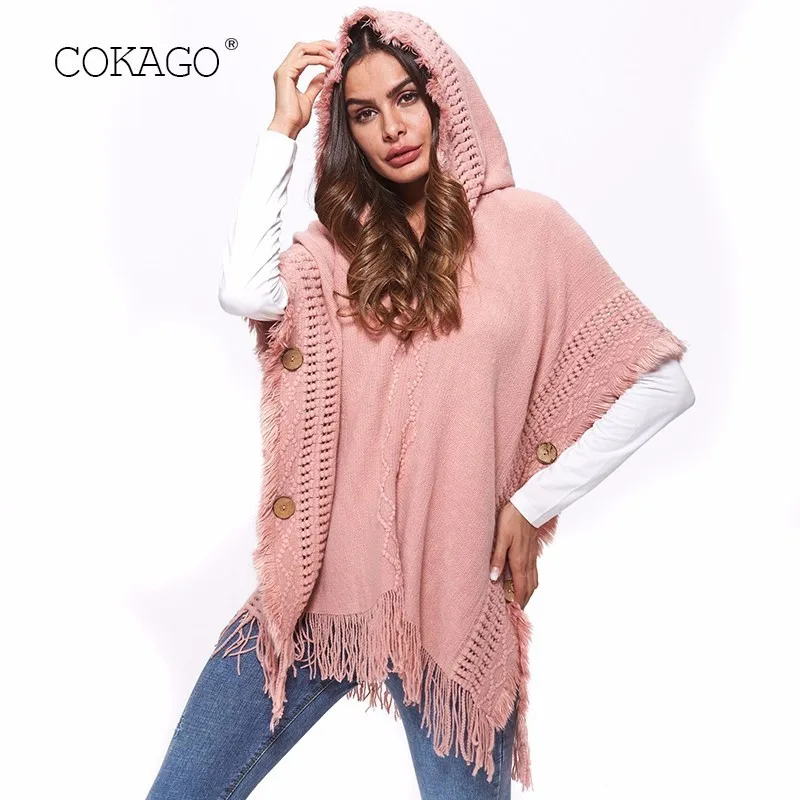 

COKAGO Cloak Knitted Sweater Women Tassel Batwing Sleeve Hooded Button Pink Plus Size Sweaters Woman Winter Coat 2019 Pull Femme