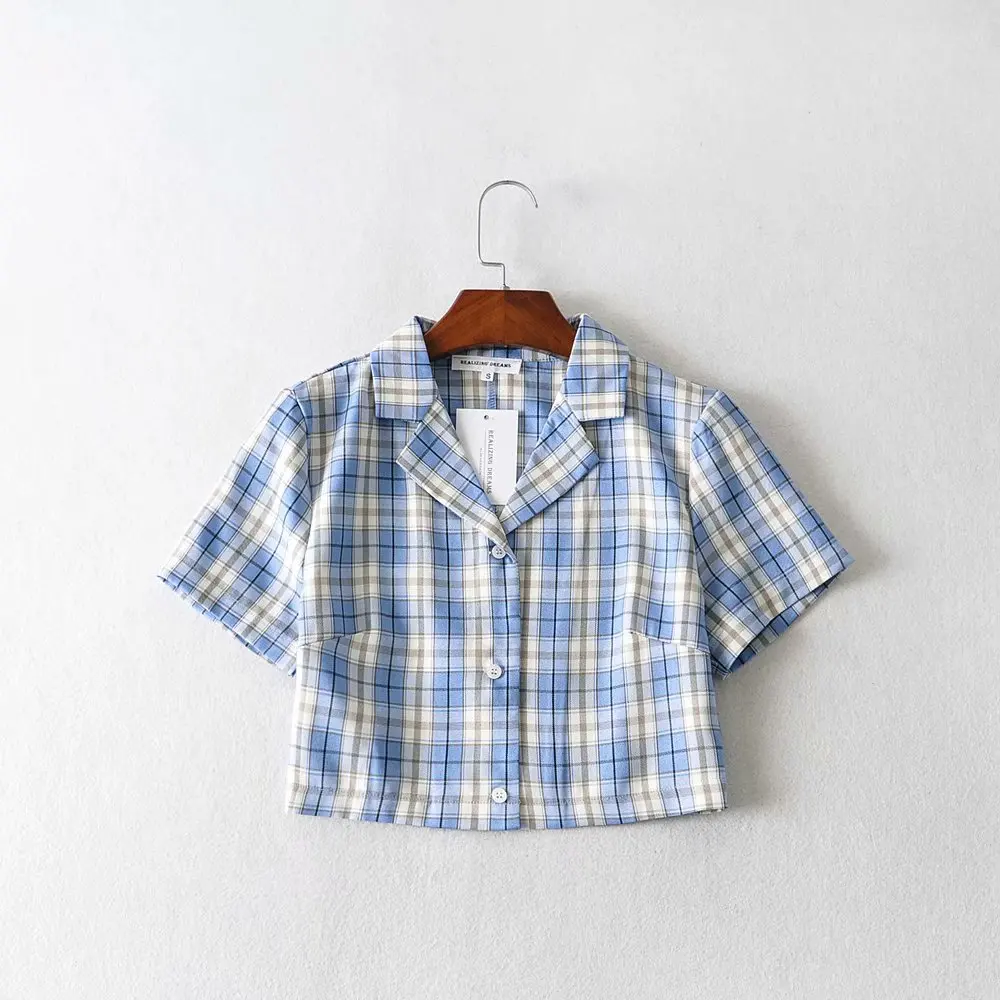 ladies white shirt Korean style crop top womens tops ladies plaid shirts women button up shirts short sleeve blouses women plaid tops kawaii women's shirts & tops Blouses & Shirts