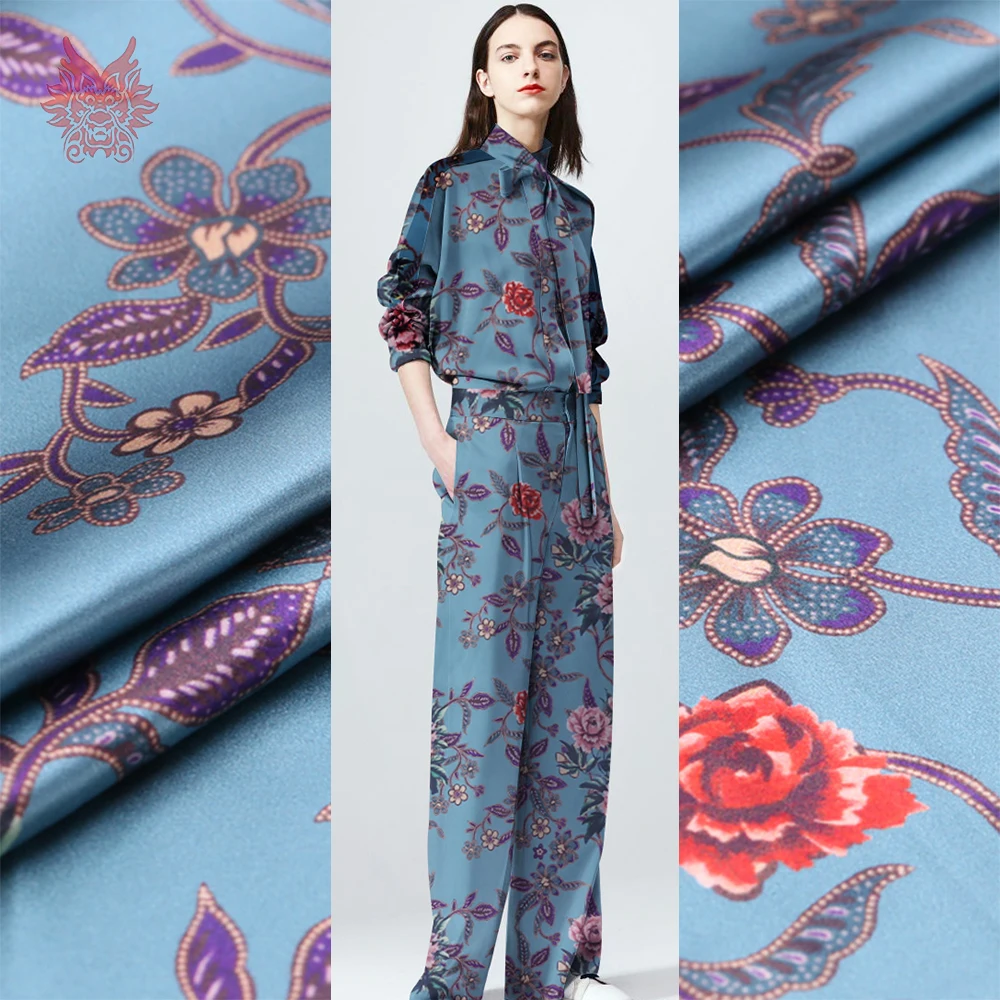 Европейский цветочный принт синий 19 мм тяжелый спандекс шелк ткань одежда для весна осень платье брюки юбка stoffen tecidos SP5936