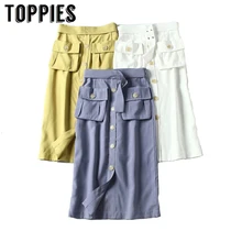 Осенние женские юбки с большими карманами, высокая талия, однобортные Юбки миди, Повседневная Уличная одежда, saia faldas