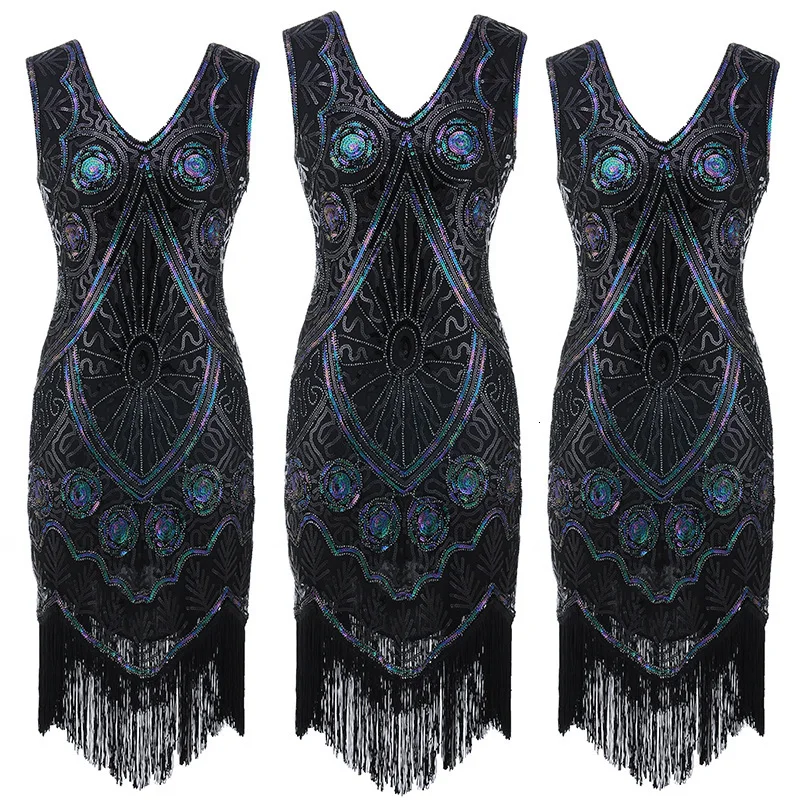 Femme 1920s Great Gatsby Flapper Sequin Fringe Embroidery Midi Dress Summer Art Deco Retro Black Dress Women Party Dress Robe  (3)