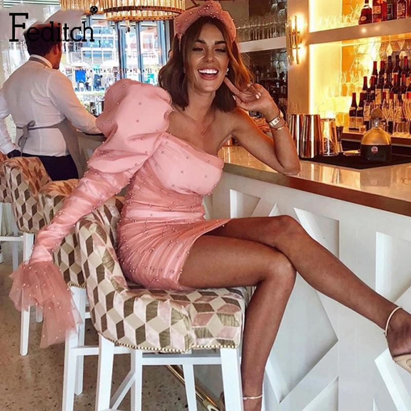 

Feditch Summer Sexy Lace Party Dress Ruffled One Shoulder Female Bodycon Mesh Dress Women Mini Club Ladies Vestidos De Fiesta