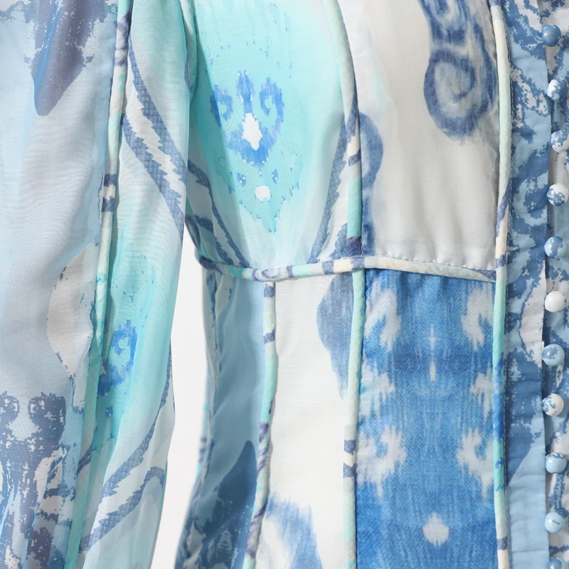 [LIVIVIO] Синий принт однобортный Стенд шеи фонарь с длинным рукавом Труба Мини платья женские Осенняя модная одежда новая