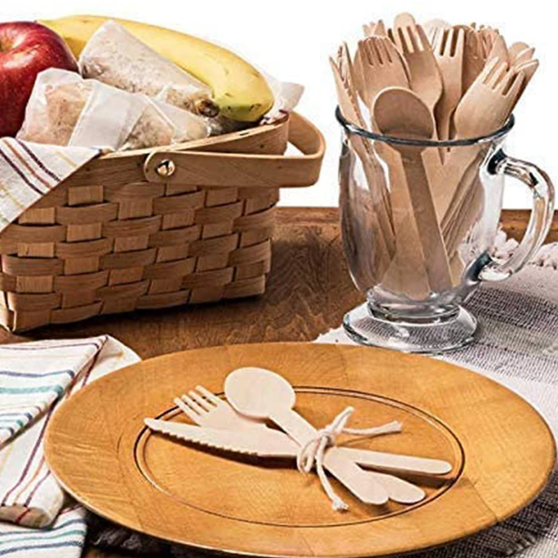 300Pcs Disposable Wooden Cutlery Set Home Party Dessert Spoons Knives Forks Dining Tableware