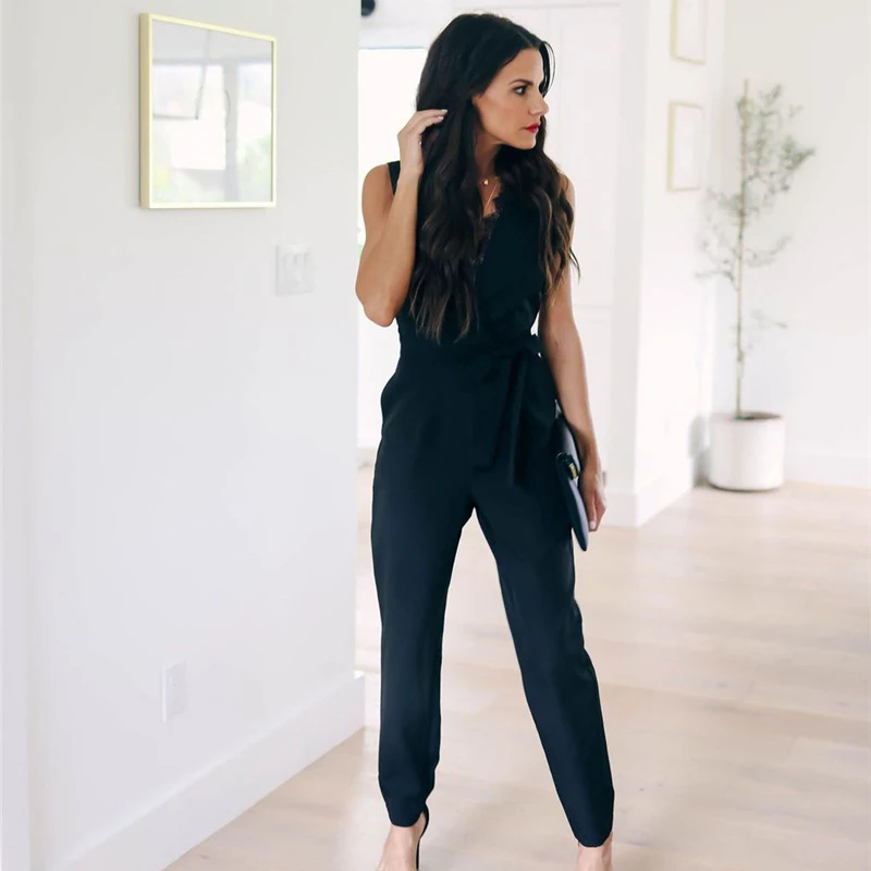 Fashion Lace Women Jumpsuit With Belt Sleeveless 2020 Summer New Casual V-neck Solid Women Black Jumpsuits Fashion Female Pants