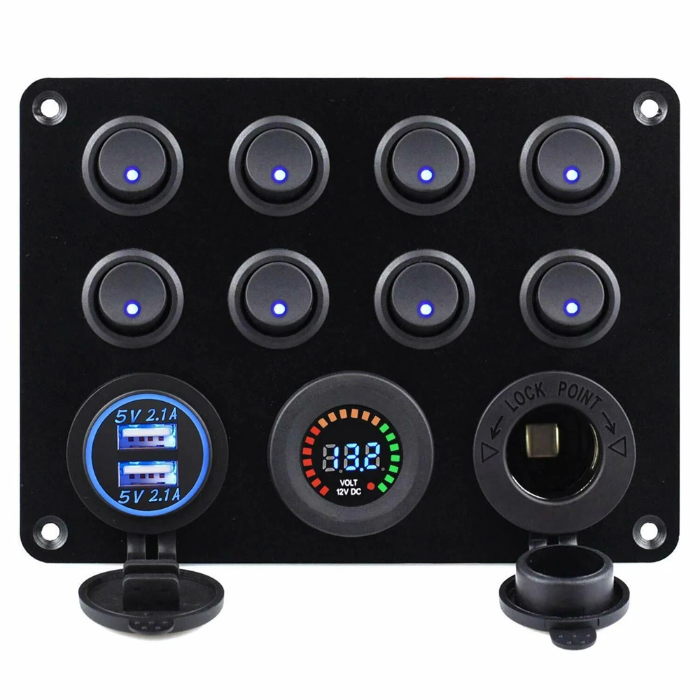 8 Gang Boat Switch Panel Car Switch Waterproof Digital 12-24V Dual USB Voltmeter Port Outlet Combination Marine LED Rocker