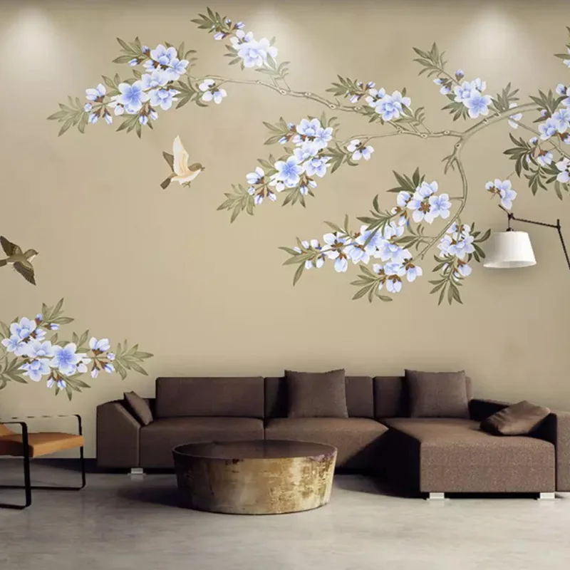 

New Chinese Style Hand-Painted Fine Brushwork Flowers And Birds Branch Bedroom Sofa Background Wallpaper Retro American-Style De
