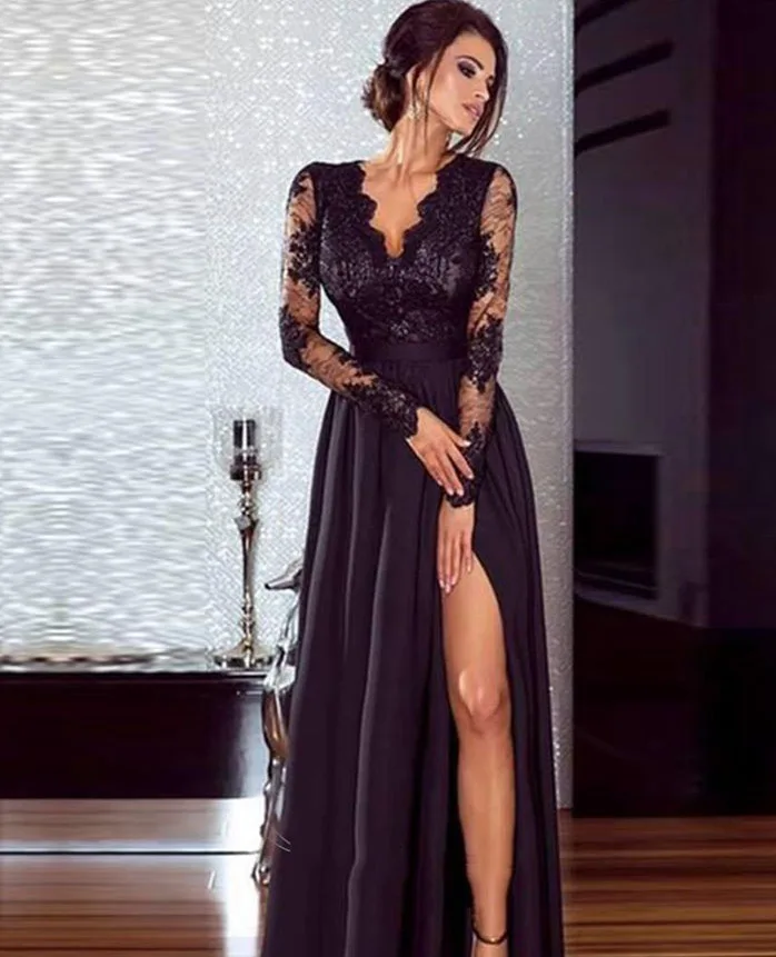 Женское платье в европейском и американском стиле, сексуальное кружевное вечернее платье с v-образным вырезом и длинным рукавом, однотонная раскачивающаяся юбка Ed0461