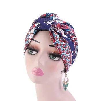

Women Muslim Indian Hat Stretch Floral Print Turban Cap Head Wrap Under Scarf Arab Bonnet Beanie Skullies Hair Loss