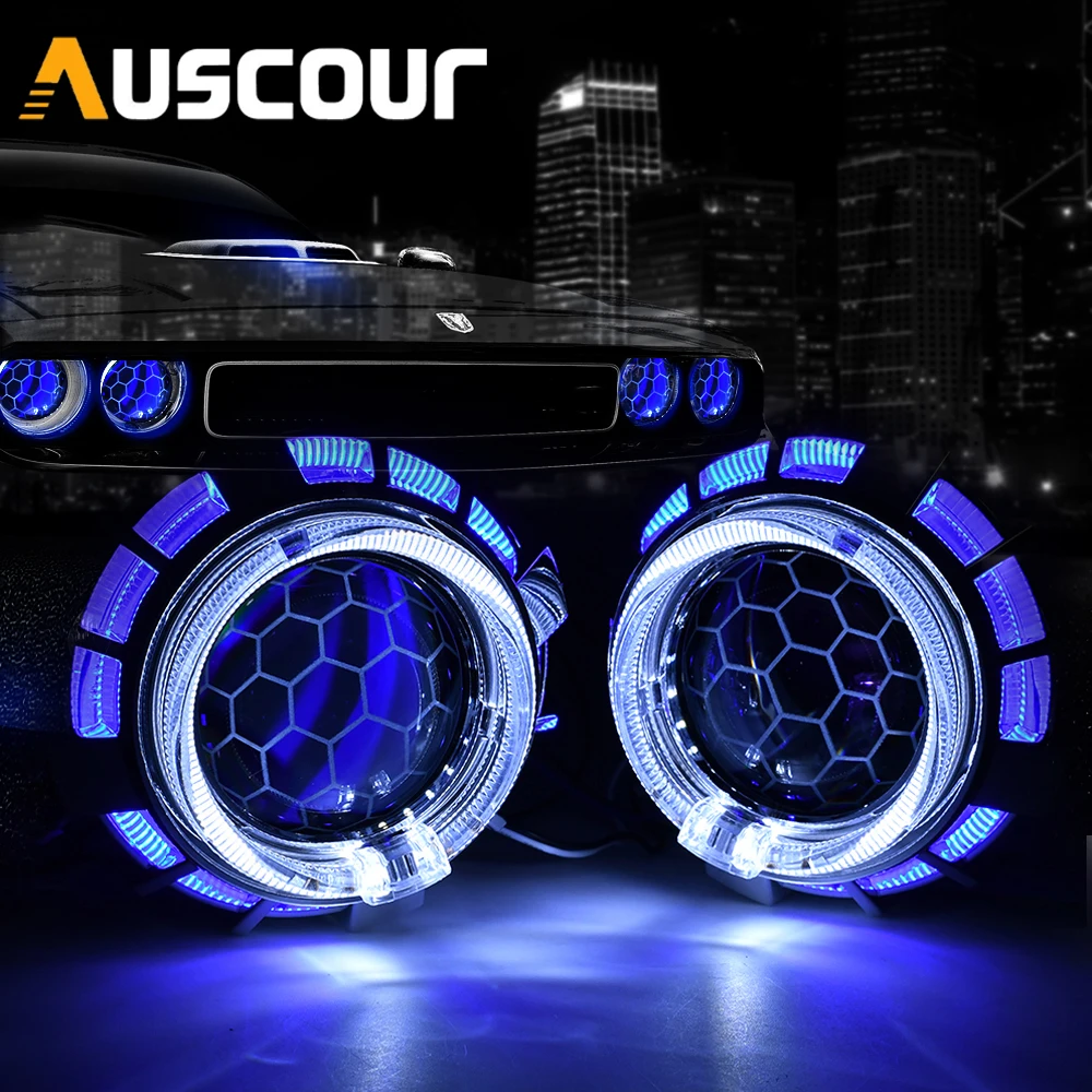 2.5 Inch Blue Honeycomb Bixenon Projector Lens Mini H1 Car Headlight with Yellow Demon Eyes Fit for H4 H7 Car Motorcycle Retrofit