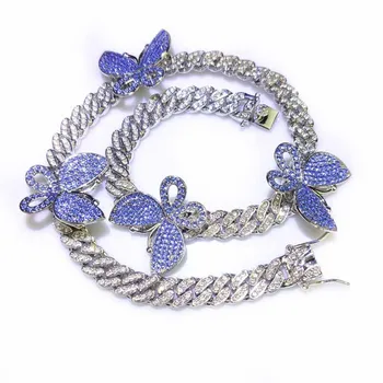 

Multicolor 11mm Geometry Miami Cuban Curb Chain Necklace Dragon Lock Clasp Butterfly Charm Men Hip hop CZ Jewelry Bracelet