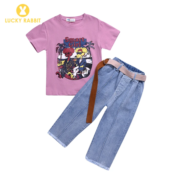 Korean Clothes Kids Denim Jeans Girls Cartoon T-Shirt Summer Fashion Wear Girls Denim Pants Jeans Clothing Casual Set For Kids