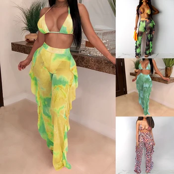

Tie Dye Printed Sexy Two Piece Set Spaghetti Strap Sleeveless Crop Top And Ruffles Pants Mesh Sheer Summer Beach Women Sets