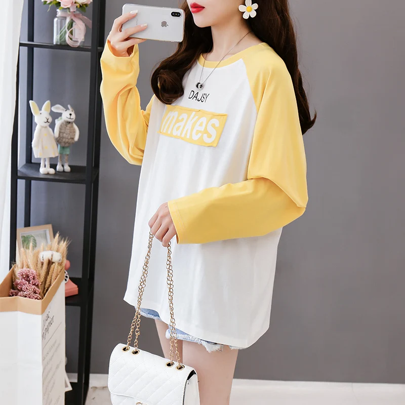 Korean version of the loose long-sleeved T-shirt female early autumn outfit new long section stitching wild T-shirt top