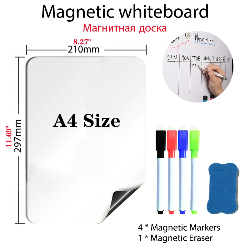MAGNETIC WHITEBOARD FRIDGE DRY ERASE A4 PLANNER 4 FREE PENS & MAGNETS & RUBBER 
