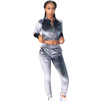 

European and American Women's Solid Color Exposed Waist Trousers Fashion Sports Suit Korean Fleece Suit Casual Two-piece Suit