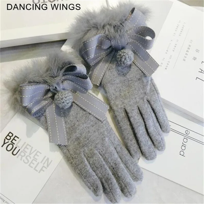 

Winter Wrist Ladies Cashmere Gloves For Touch Screen Female Rabbit Fur Wool Mittens Gloves Elegant Bow Glove Women