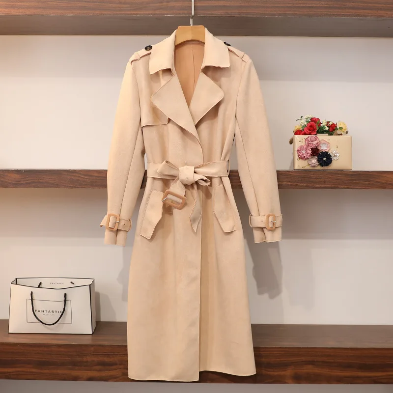 

2019 Khaki Suede Trench Coat Turn-down Collar Open Stitch Woman Clothes Long Coat Woman