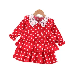 Robe de printemps en coton pour enfants, vêtements à manches longues, en dentelle, à pois, pour bébés filles 