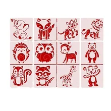 

12pcs Cartoon Animal Hollow Painting Template Wall Decoration DIY Template Student Painting Auxiliary Lace Ruler Paper Cutting