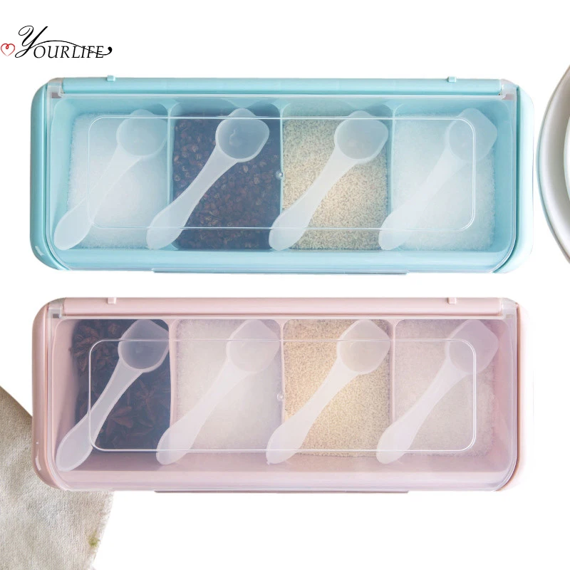 OYOURLIFE Kitchen Salt And Pepper Seasoning Box 4 Grid Storage Spice Organizer Container Spice Rack Kitchen Accessories