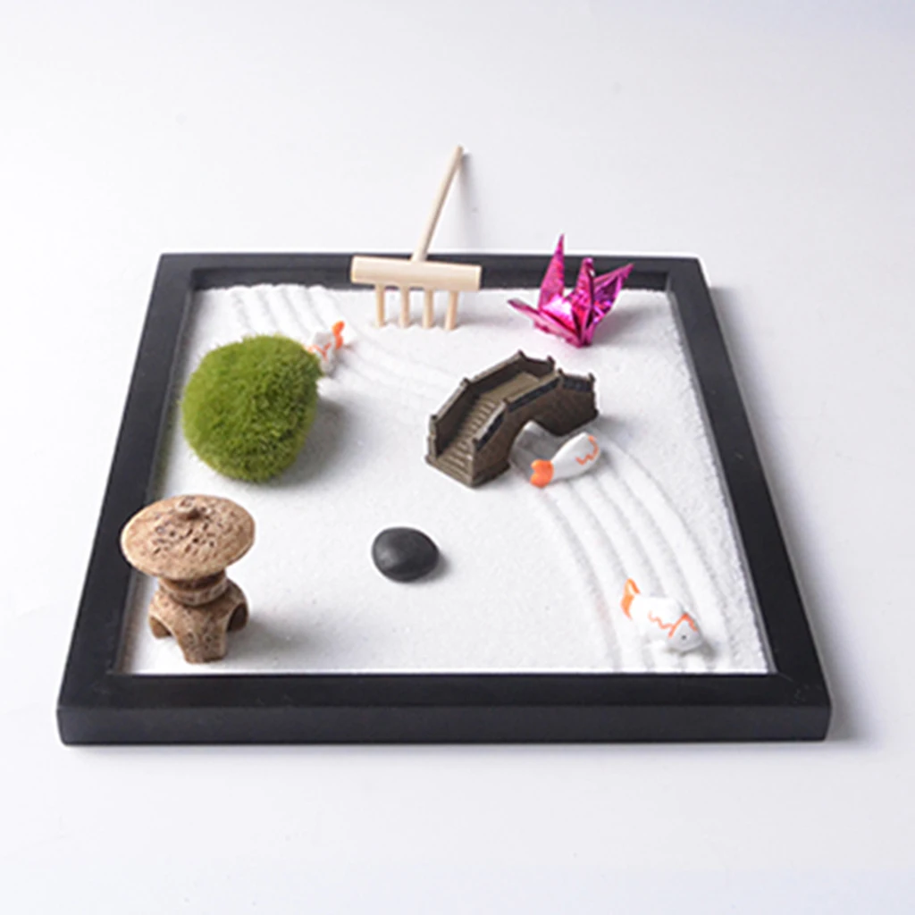 ZEN Garden Kit of Relax Sand Stone Tray Statue Meditation Tabletop Ornament ZEN Garden Kit of Relax Sand Stone Tray Statue Meditation Tabletop Ornament