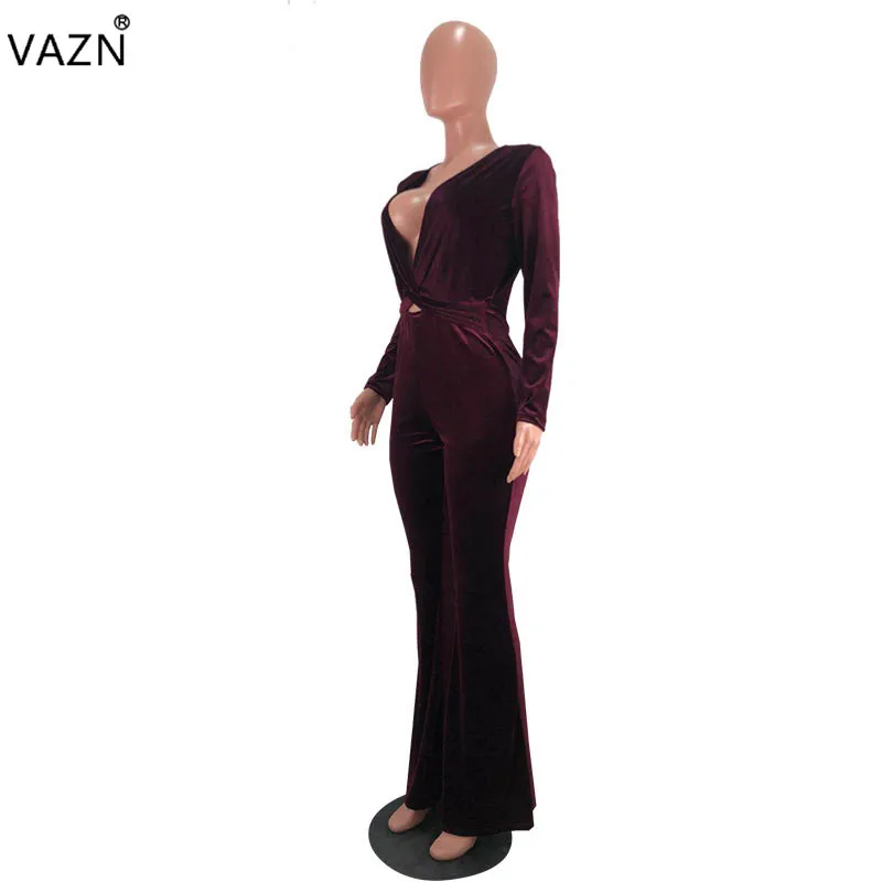 VAZN новые осенние Популярные брендовые Модные женские комбинезоны однотонные с глубоким v-образным вырезом с длинным рукавом бархатные женские расклешенные комбинезоны OJS9063