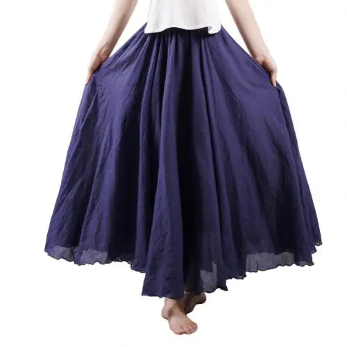 Navy Blue Женские льняные хлопковые длинные юбки, эластичная талия, плиссированные макси юбки, пляжные, бохо, винтажные летние юбки - Цвет: Navy Blue