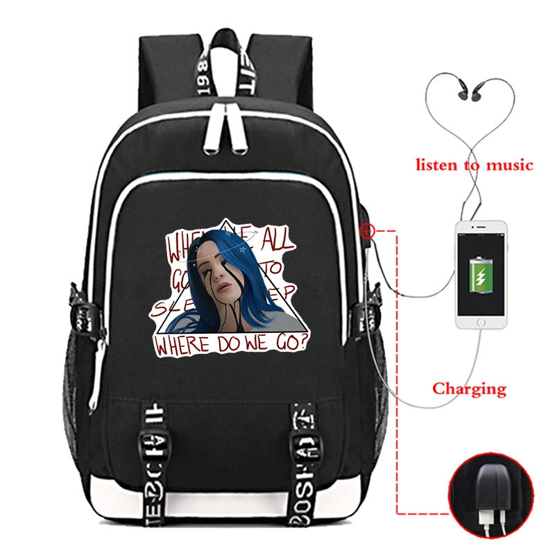 Рюкзак Mochila Billie Eilish, школьные сумки, детские рюкзаки, рюкзак для девочек, рюкзак для путешествий, рюкзак для зарядки через usb - Цвет: 1