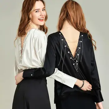 

HAVVA women’s V Open Back Backless spring new design female chiffon shirt solid color blouse C4261