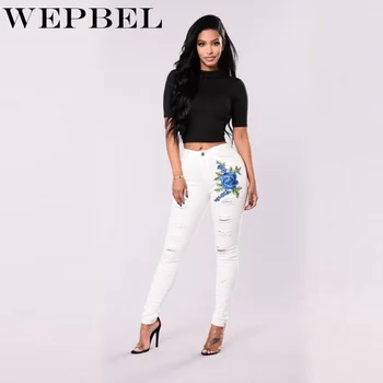 

WEPBEL Stretch Jeans Embroidered for Women Ladies Pencil Denim Pants Hole Elastic Flower Jeans Ripped Pattern Jeans