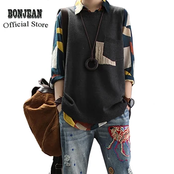 

Women Knit Pullover Tops Tank O Neck Sweaters Pockets Sleeveless Big Loose Retro Vintage Fashion Casual Spring Autumn AZ44251919
